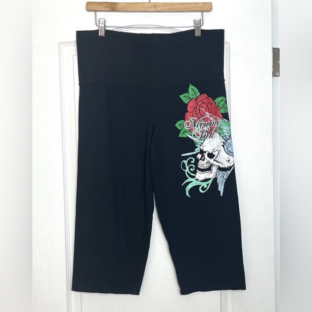 Y2K Miami Ink Women’s Cropped Lounge Pants Sz L Skull Rose Tattoo Graphic Grunge